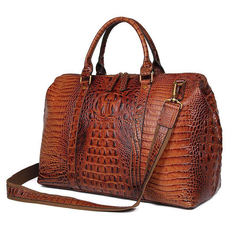 Genuine leather shoulder bag in brown with crocodile texture and removable shoulder strap