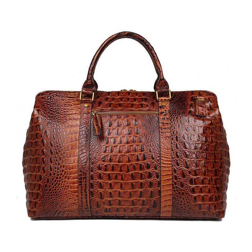 VacationGrabs genuine leather shoulder bag in brown with crocodile texture and zippered pocket