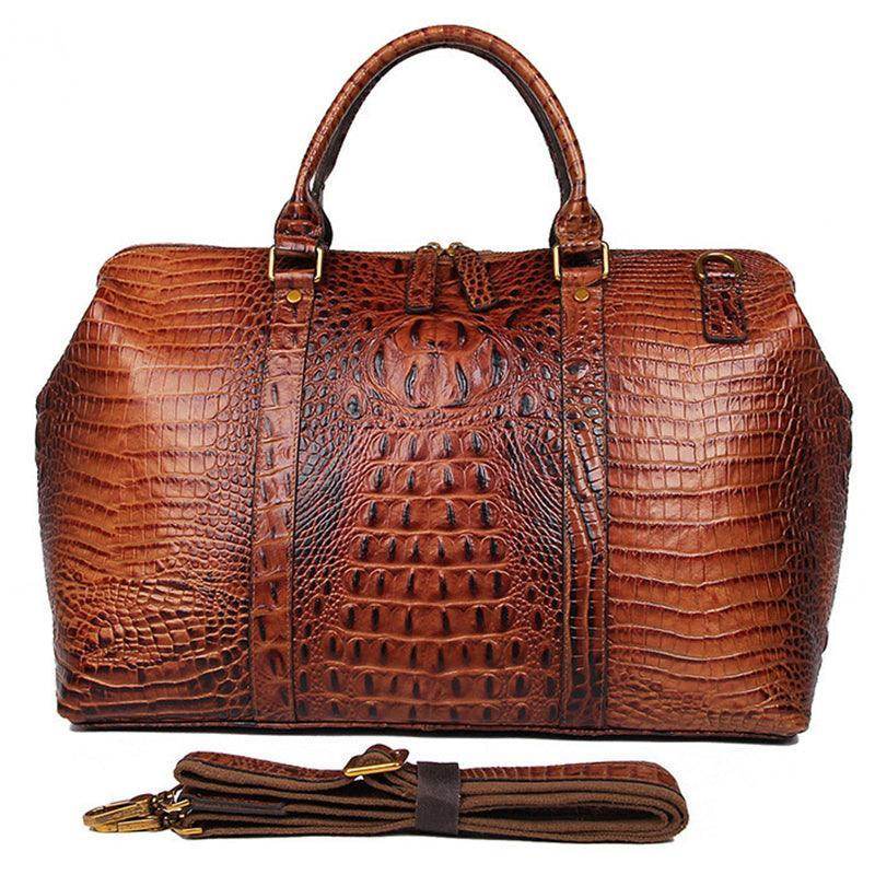 VacationGrabs genuine leather shoulder bag in rich brown crocodile texture with detachable strap