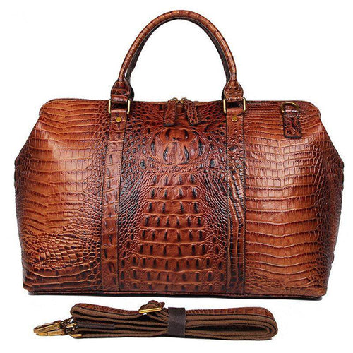 VacationGrabs genuine leather shoulder bag in rich brown crocodile texture with detachable strap