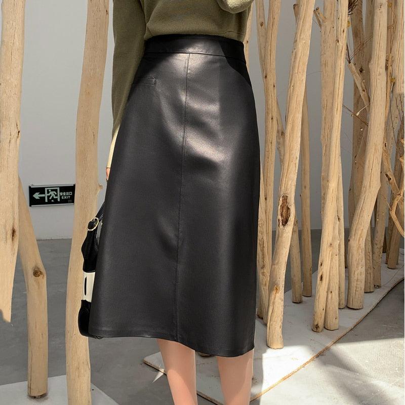 Women's Skirts Genuine Leather Skirts for Women Vintage A-Line Midi Skirt