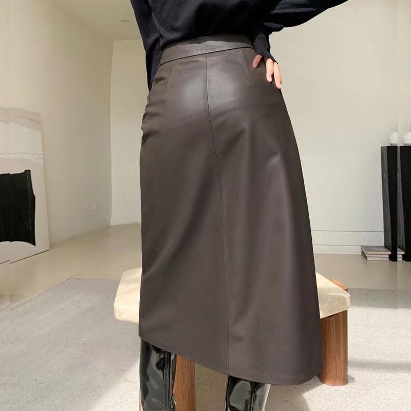 Women's Skirts Genuine Leather Skirts for Women Vintage A-Line Midi Skirt