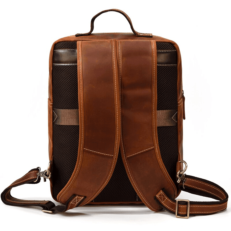 Genuine leather travel backpack with padded straps for comfortable carrying and durable design