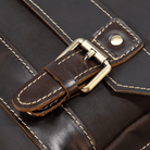 Close-up of genuine leather travel backpack hardware and stitching details showcasing craftsmanship