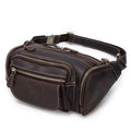 Brown genuine leather waist bag with multiple pockets and durable zippers for practical use