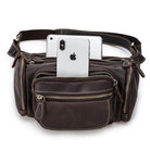Genuine leather waist bag with multiple zippered pockets and space for smartphones