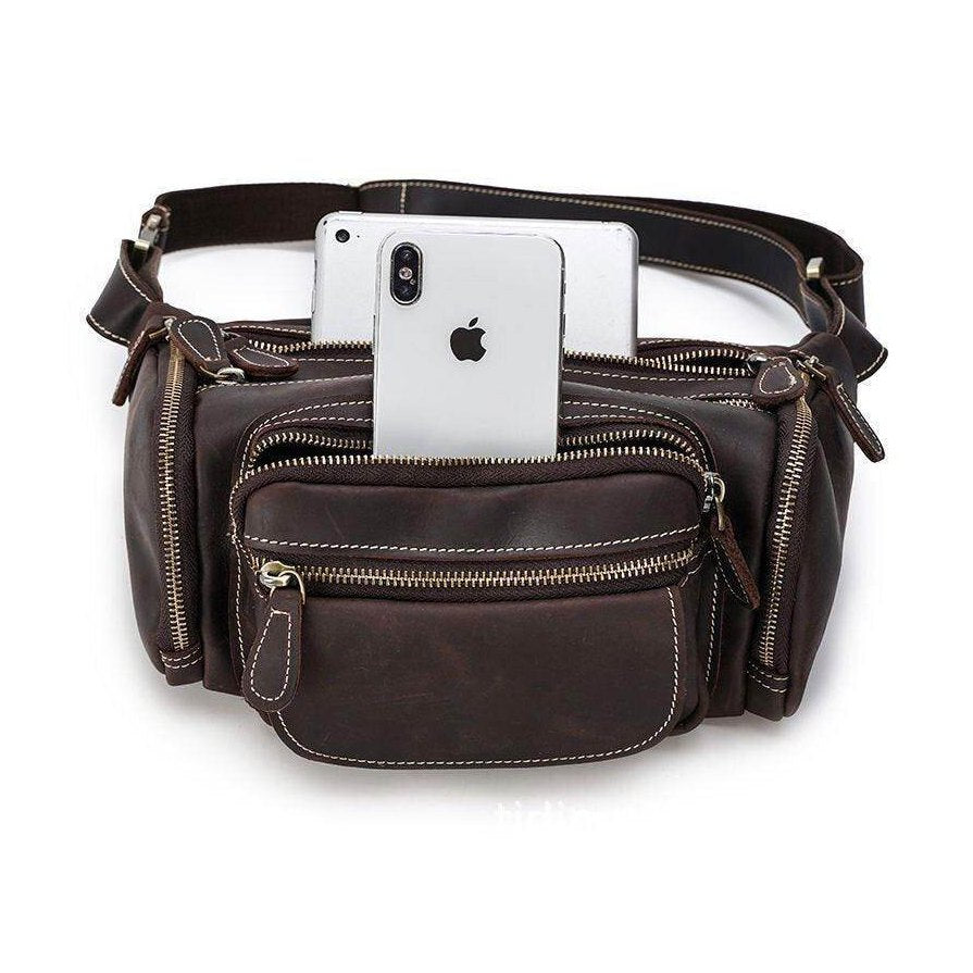 Genuine leather waist bag with multiple zippered pockets and space for smartphones