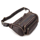 Brown genuine leather waist bag with multiple zippered compartments for practical storage