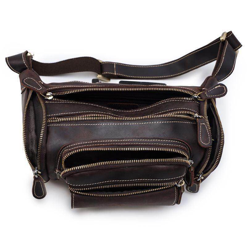 Genuine leather waist bag by VacationGrabs with multiple zippered compartments for easy organization