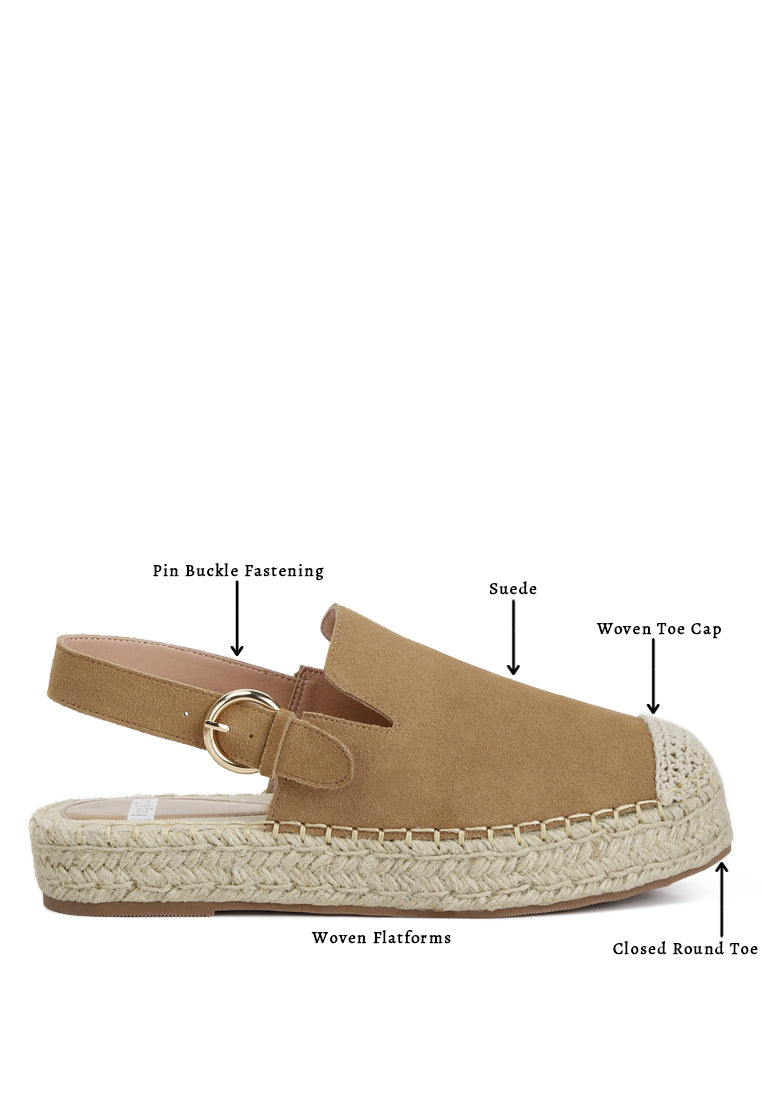 Stylish women's genuine suede espadrilles with woven flatforms and pin buckle fastening
