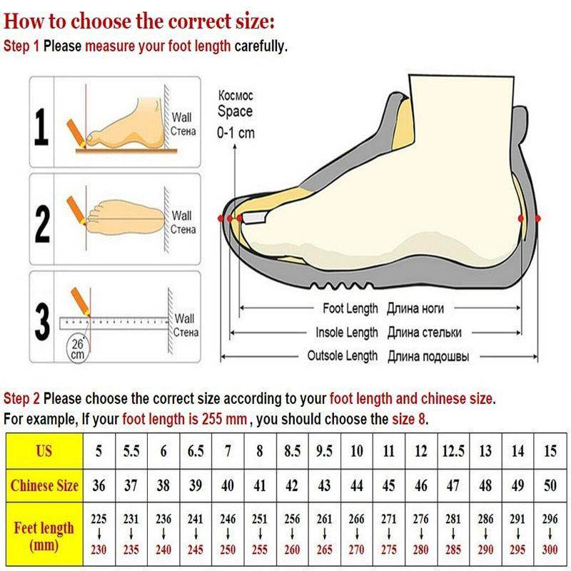 Size guide for genuine suede loafers with foot measurement instructions and size conversion chart