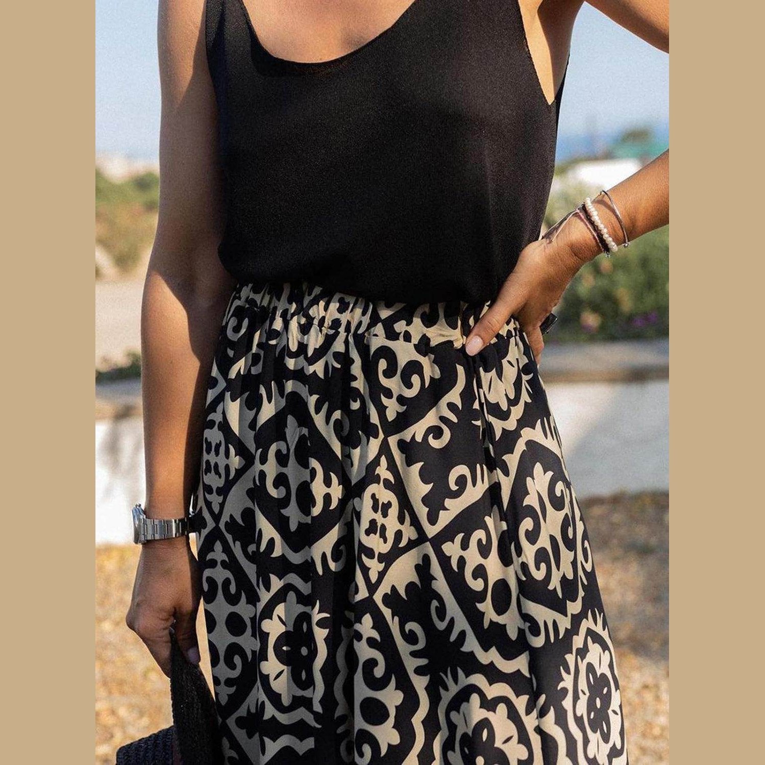 Geometric Elastic Waist Maxi Skirt - VacationGrabs