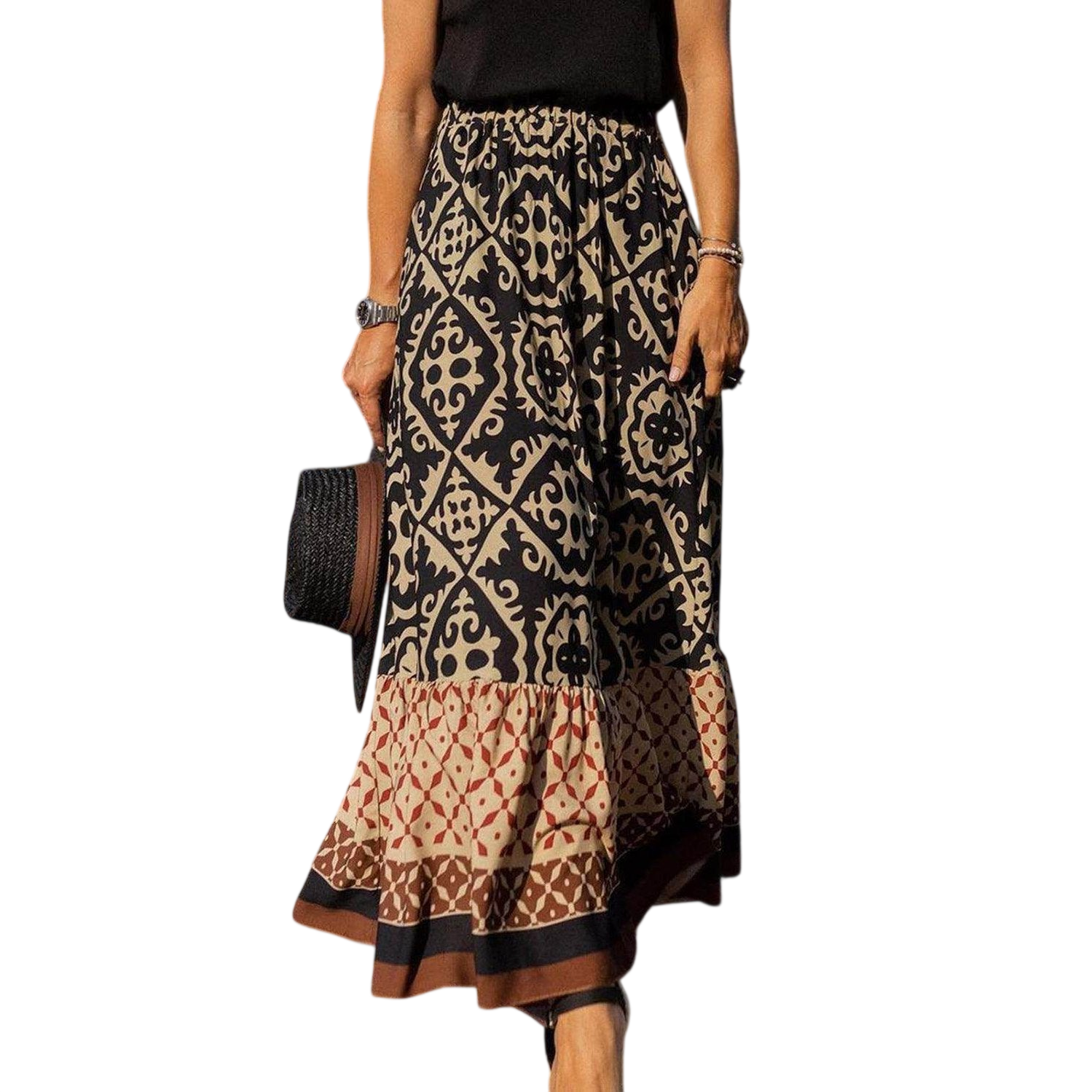 Geometric Elastic Waist Maxi Skirt