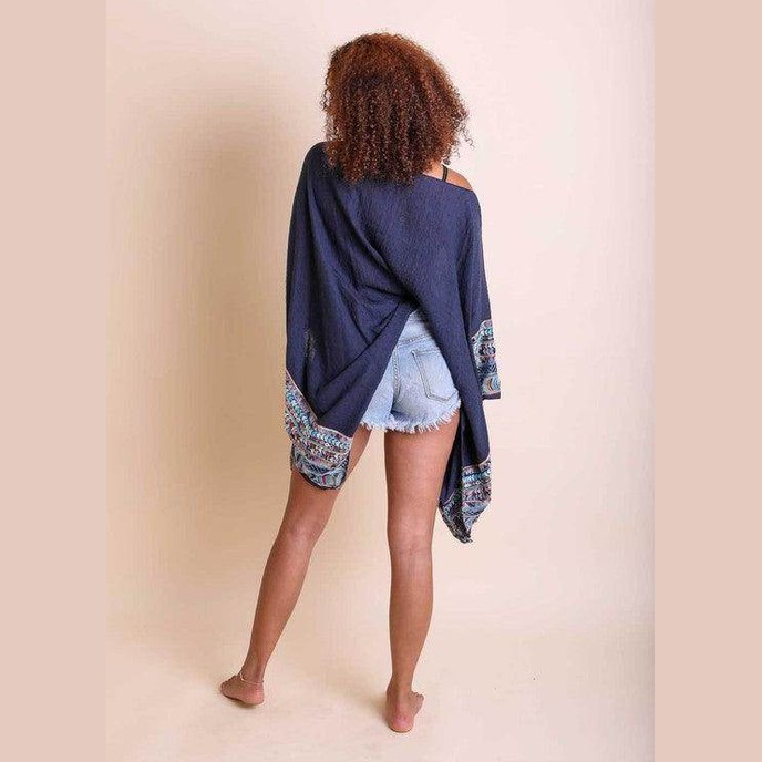 Geometric Embroidered Sleeve Kimono - VacationGrabs