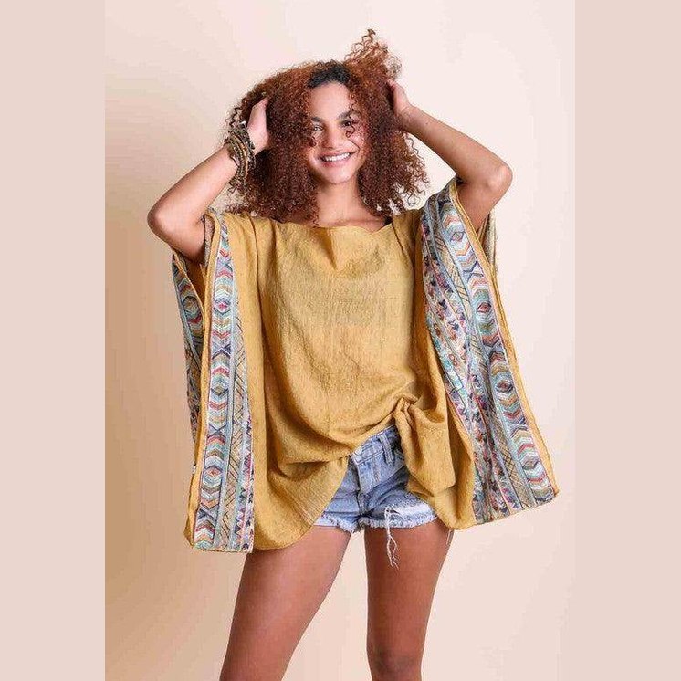 Geometric Embroidered Sleeve Kimono - VacationGrabs