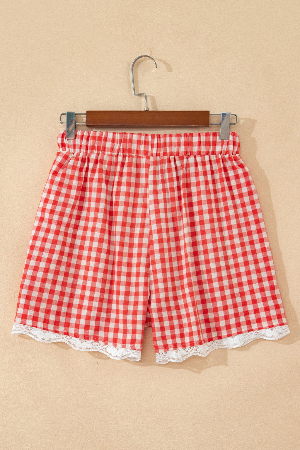 Red gingham shorts with lace trim for casual summer wear