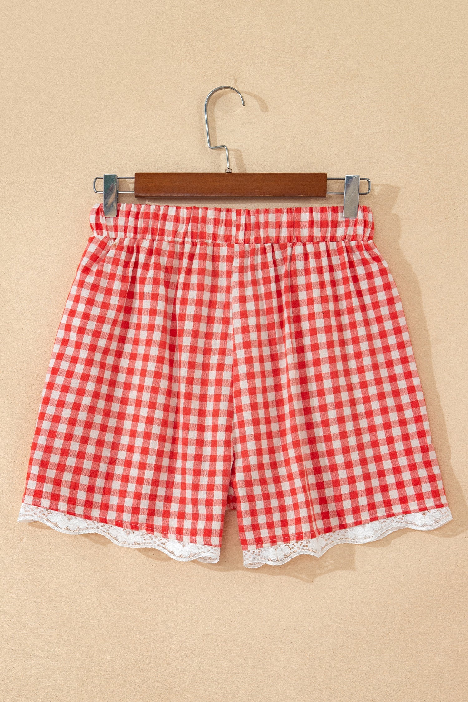 Red gingham shorts with lace trim for casual summer wear