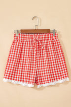 Women's red gingham shorts with lace trim for casual wear