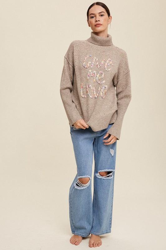 Women's Sweaters Give Me Love Stitched Mock Neck Sweater