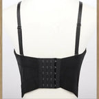 Back view of black corset crop top with multi row hook and eye closure and adjustable straps rhinestone crop top party outfit