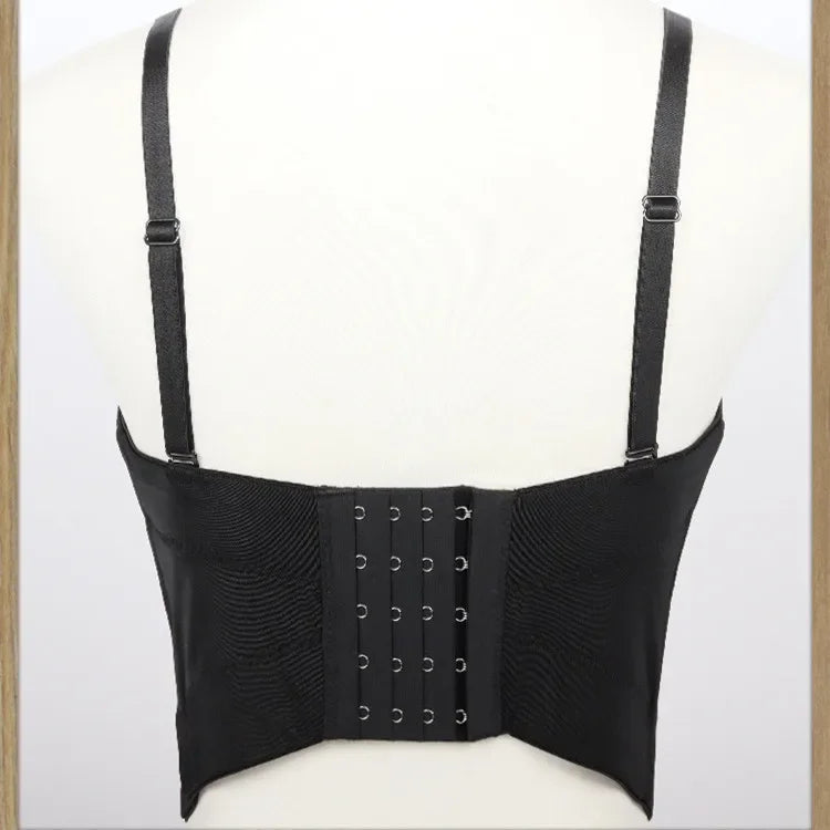 Back view of black corset crop top with multi row hook and eye closure and adjustable straps rhinestone crop top party outfit