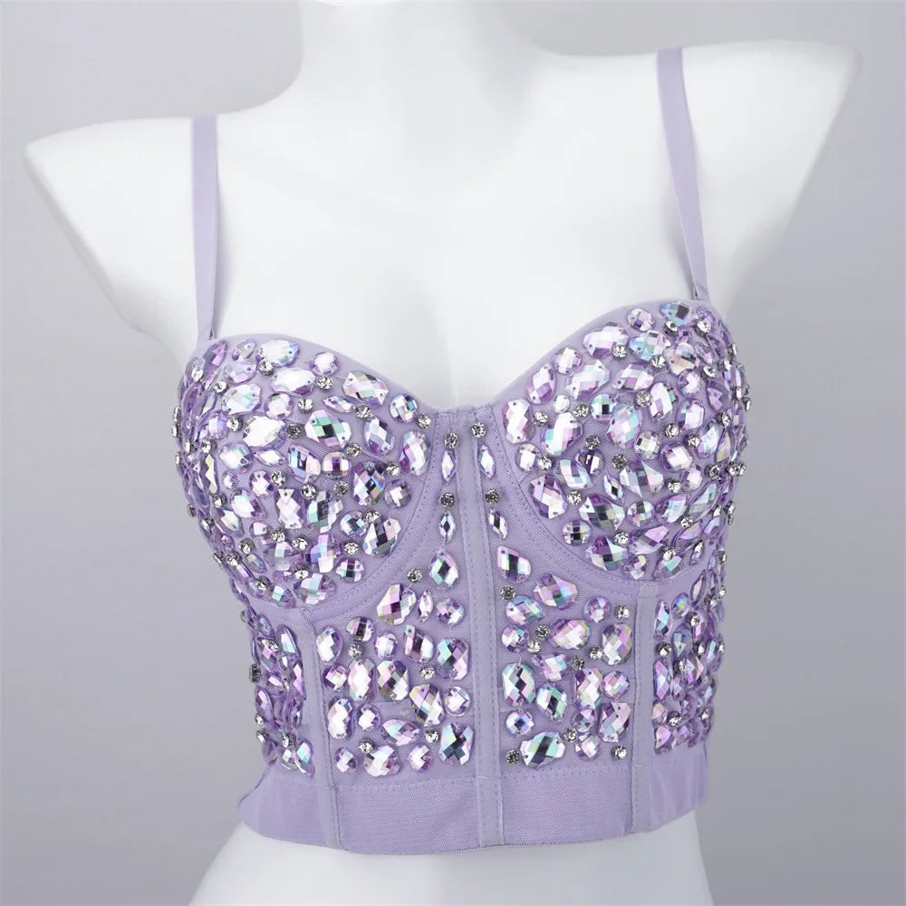 Lavender rhinestone crop top party outfit bustier with iridescent jewels molded cups and thin straps on mannequin