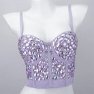 Lavender rhinestone crop top party outfit bustier with iridescent jewels molded cups and thin straps on mannequin