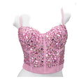 VacationGrabs pink jeweled bustier on mannequin rhinestone crop top party outfit with structured cups and thin straps