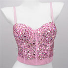 VacationGrabs pink jeweled bustier on mannequin rhinestone crop top party outfit with structured cups and thin straps