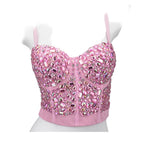 VacationGrabs pink jeweled bustier on mannequin rhinestone crop top party outfit with structured cups and thin straps