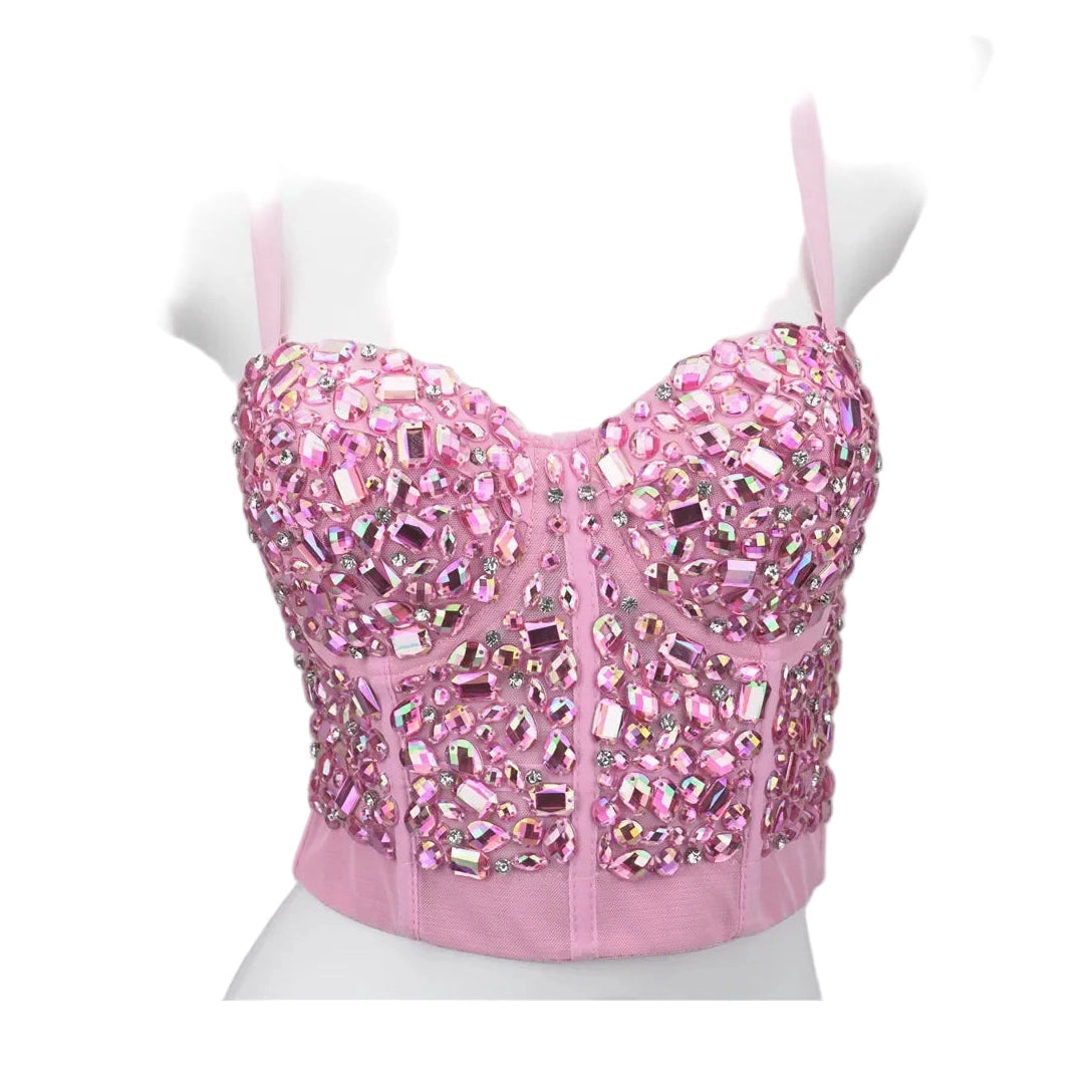VacationGrabs pink jeweled bustier on mannequin rhinestone crop top party outfit with structured cups and thin straps
