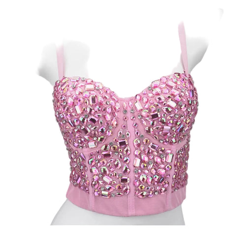 VacationGrabs pink jeweled bustier on mannequin rhinestone crop top party outfit with structured cups and thin straps