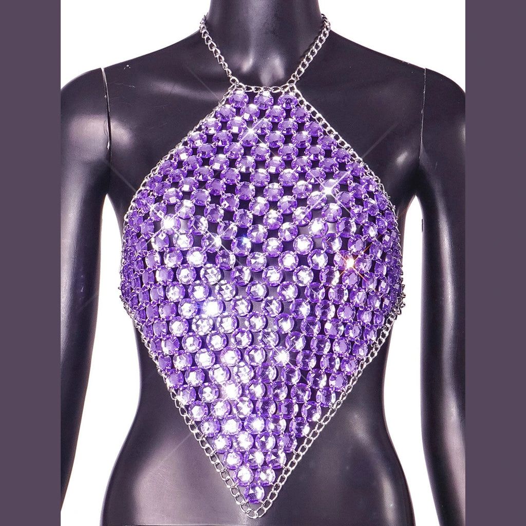 VacationGrabs purple crystal mesh halter top sparkling rhinestone design sexy Y2k club wear for women