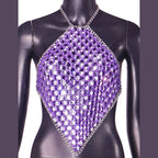 VacationGrabs purple crystal mesh halter top sparkling rhinestone design sexy Y2k club wear for women