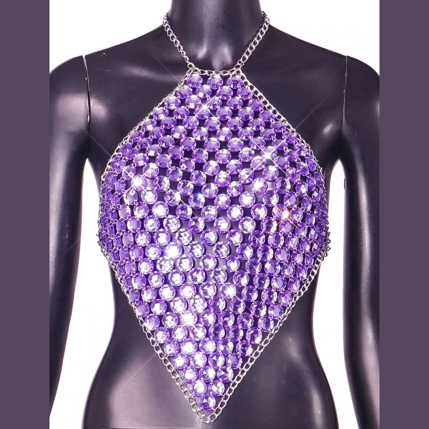VacationGrabs purple crystal mesh halter top sparkling rhinestone design sexy Y2k club wear for women