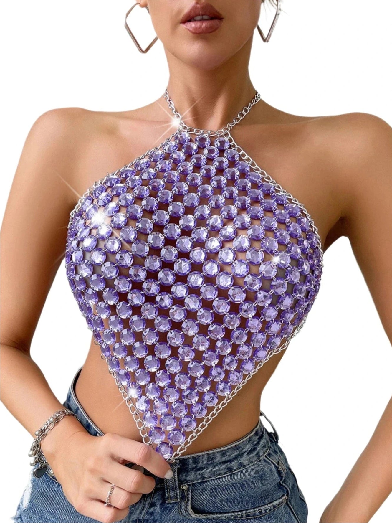 VacationGrabs purple rhinestone halter mesh crop top paired with jeans sexy Y2k club wear for women
