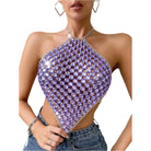 VacationGrabs purple rhinestone halter mesh crop top paired with jeans sexy Y2k club wear for women