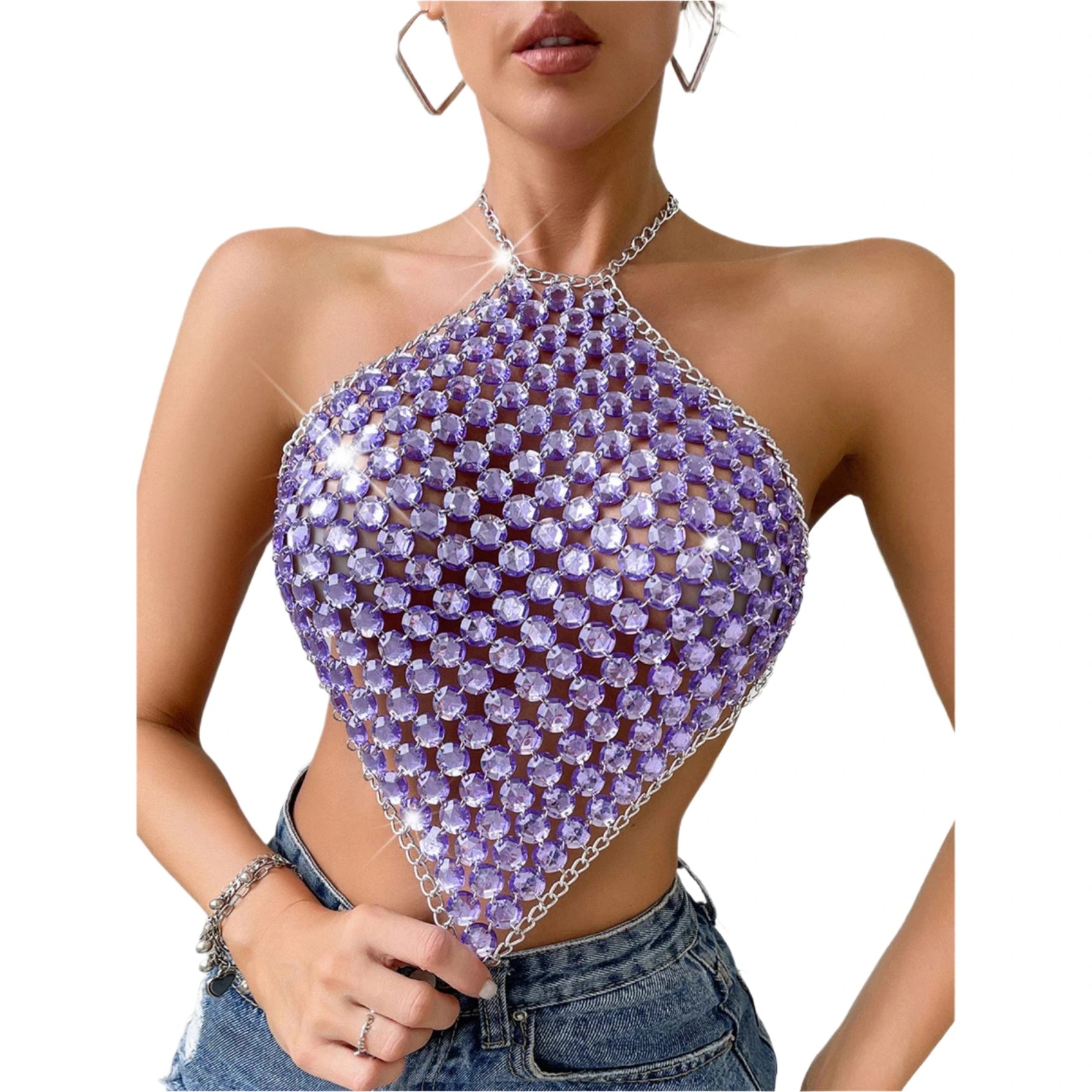 VacationGrabs purple rhinestone halter mesh crop top paired with jeans sexy Y2k club wear for women