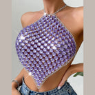 Purple rhinestone chainmail halter crop top sparkling bikini style sexy Y2k club wear for women