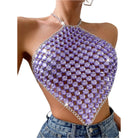 VacationGrabs purple gem mesh halter top with chain trim paired with low rise jeans sexy Y2k club wear for women