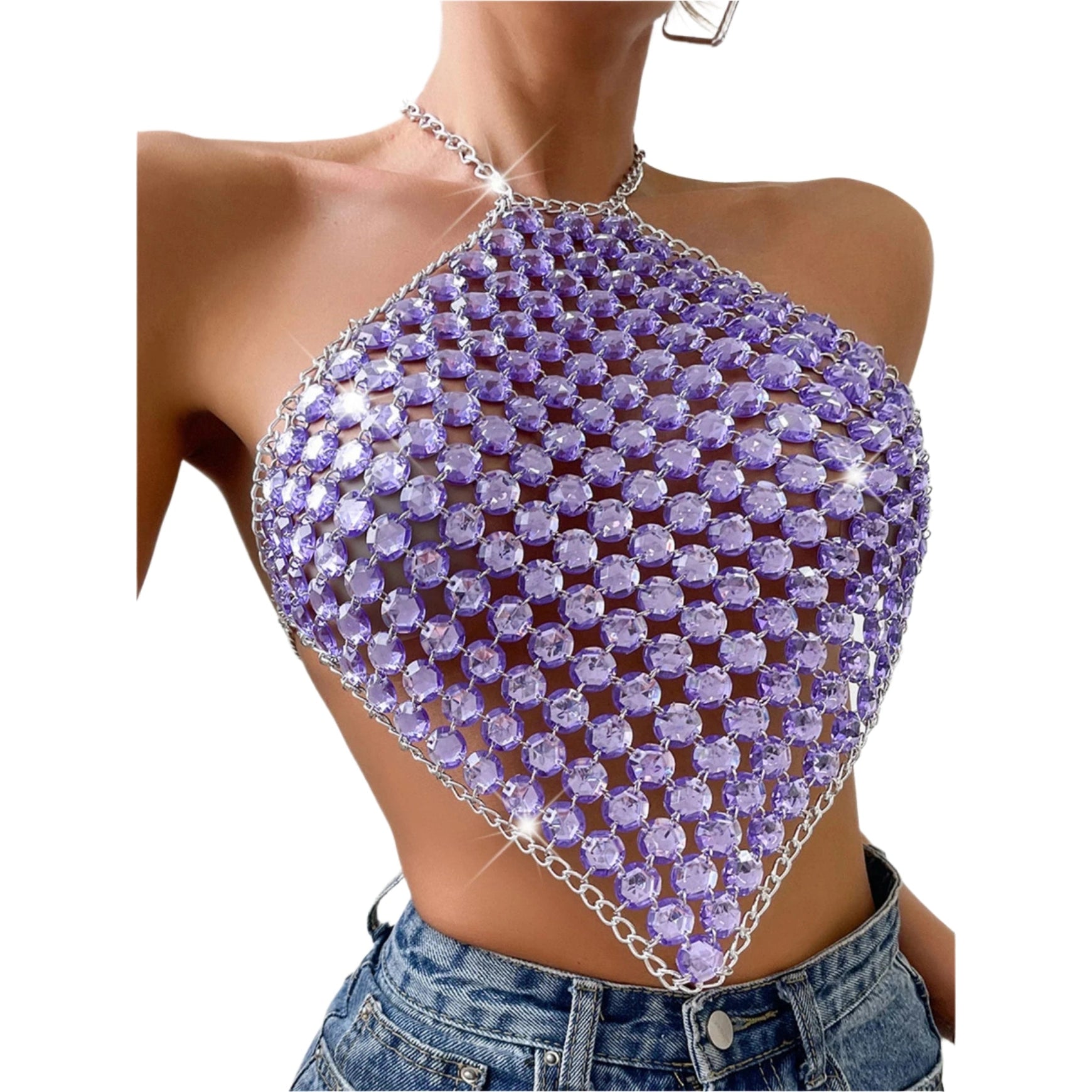 VacationGrabs purple gem mesh halter top with chain trim paired with low rise jeans sexy Y2k club wear for women