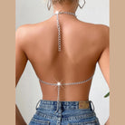 VacationGrabs silver chain halter crop top back with denim jeans sexy Y2k club wear for women