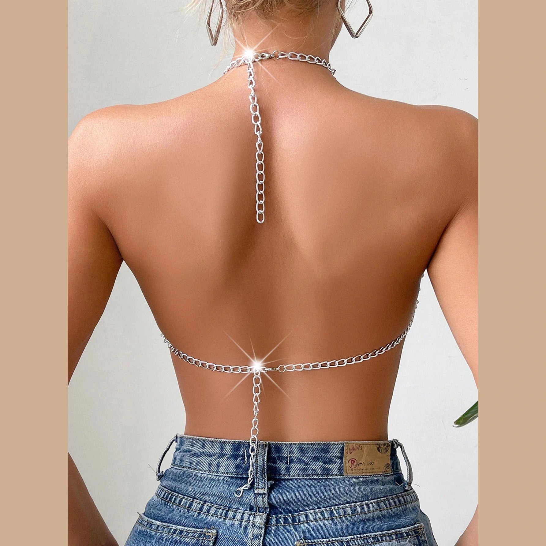 VacationGrabs silver chain halter crop top back with denim jeans sexy Y2k club wear for women