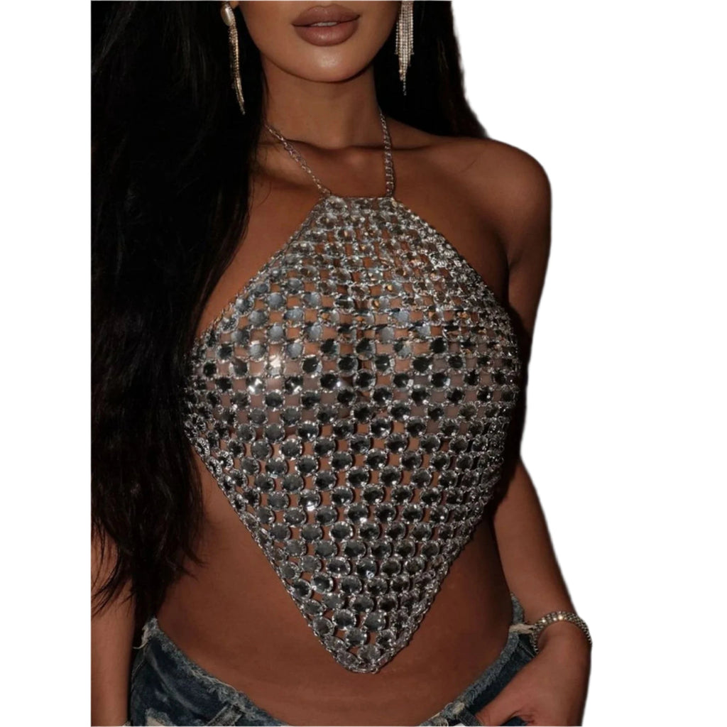 VacationGrabs silver rhinestone chainmail halter top on model sexy Y2k club wear for women with low rise jeans