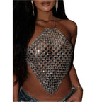 VacationGrabs silver rhinestone chainmail halter top on model sexy Y2k club wear for women with low rise jeans