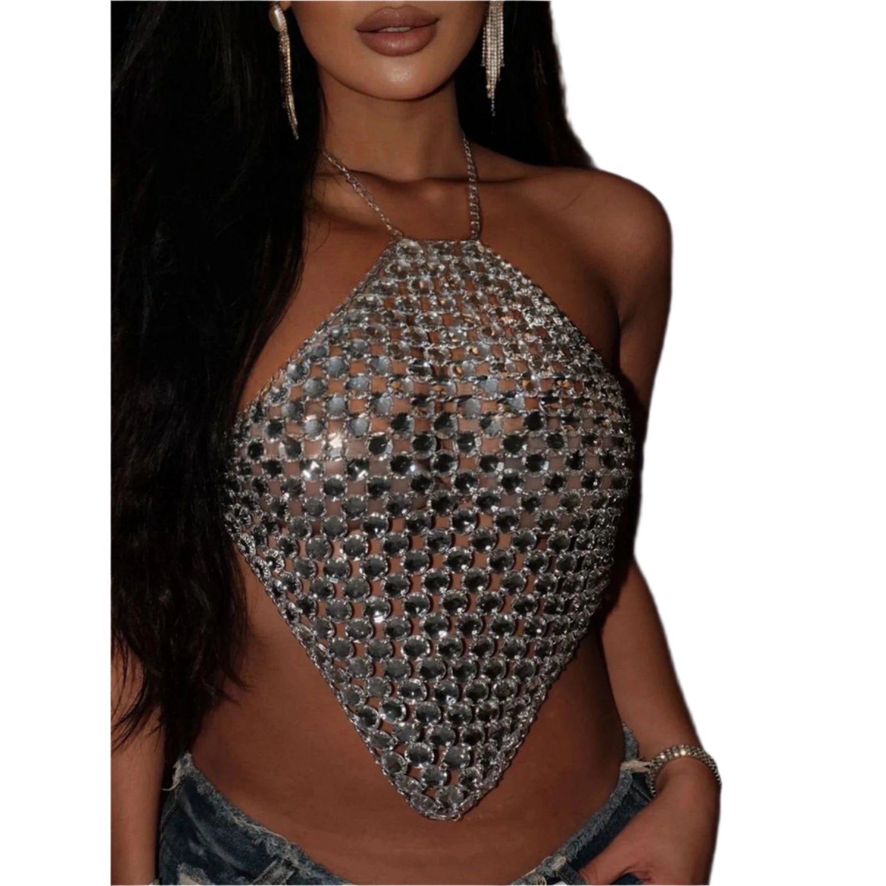 VacationGrabs silver rhinestone chainmail halter top on model sexy Y2k club wear for women with low rise jeans