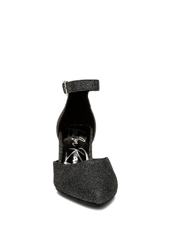 Women's black glitter block heel sandals for evening events