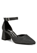 Women's glitter block heel sandals in black with ankle strap style