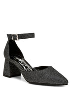 Women's glitter block heel sandals in black with ankle strap style