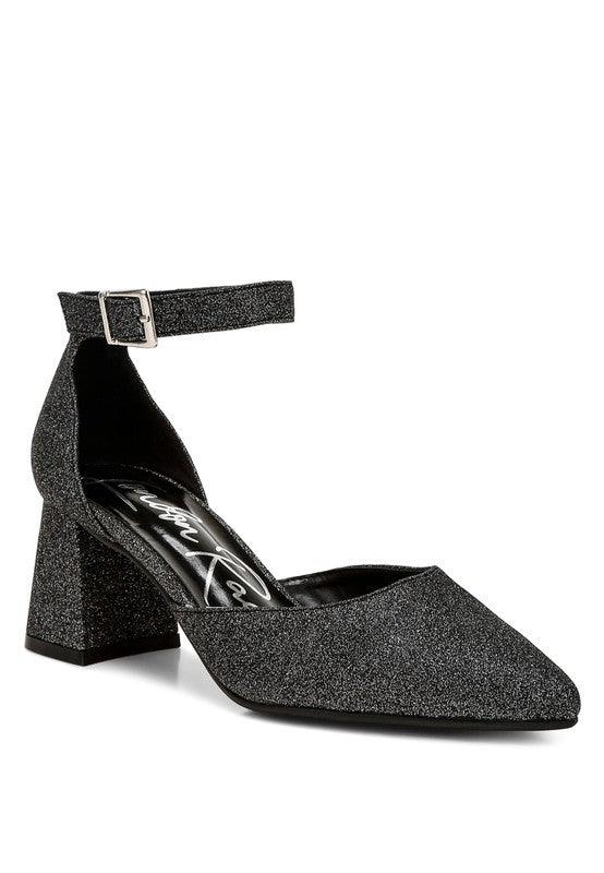 Women's glitter block heel sandals in black with ankle strap style